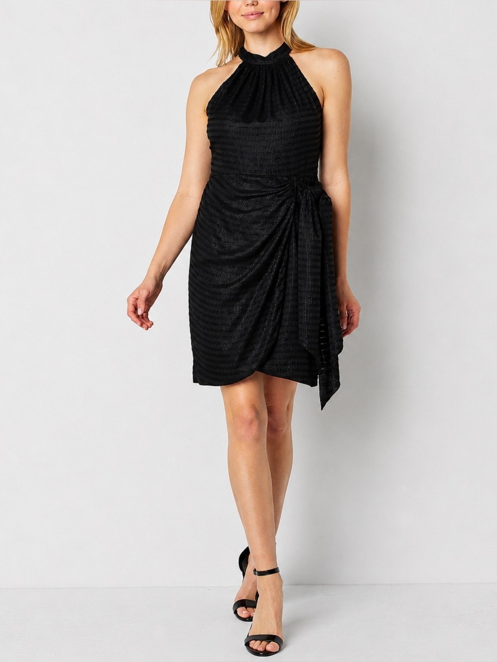 Melonie T Black Shimmer Halter Neck Wrap Cocktail Dress Size 12 NWT